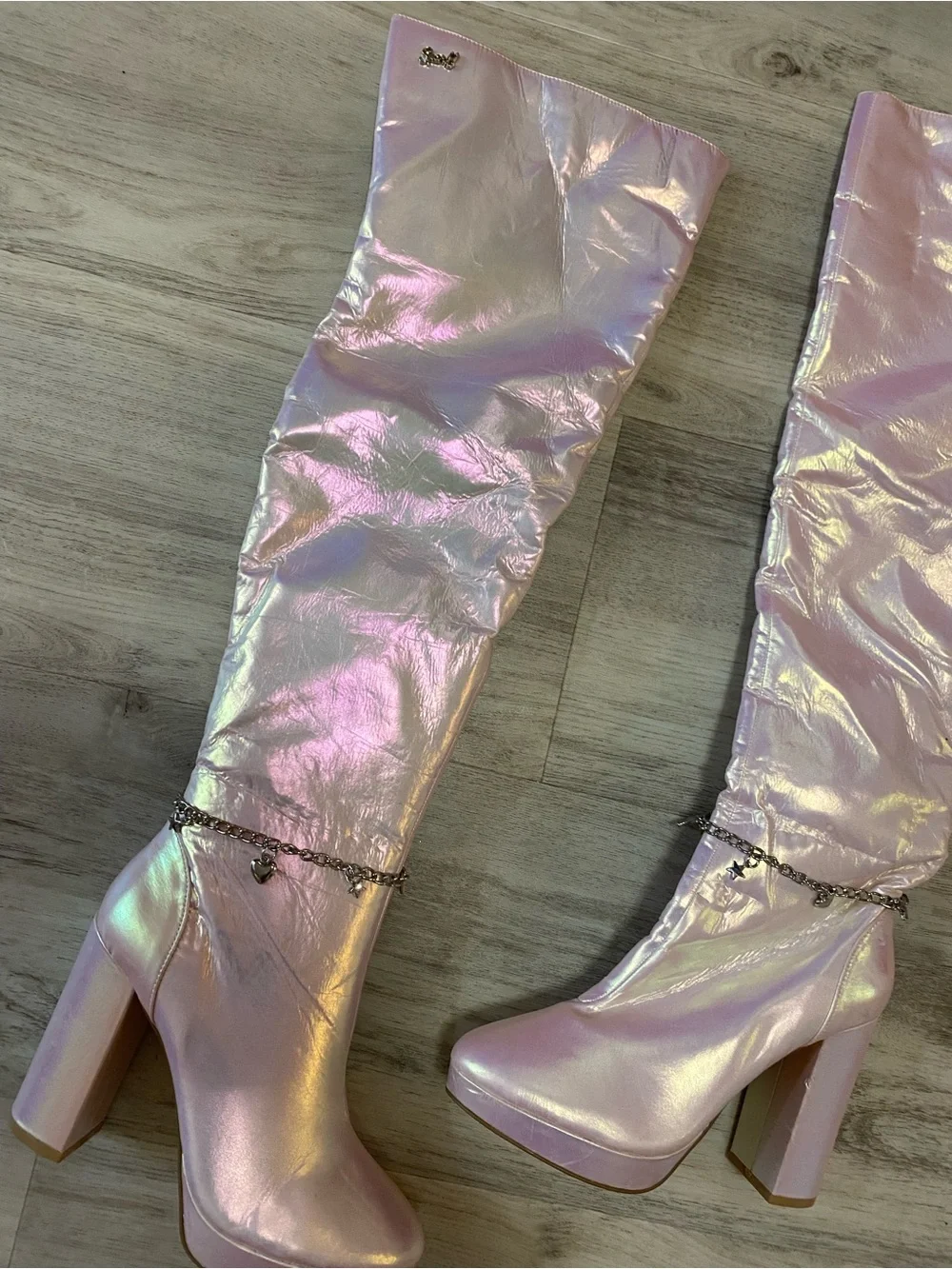 Sparkl Fairy Couture Iridescent Pink Knee-High Block Heel Boots NWT